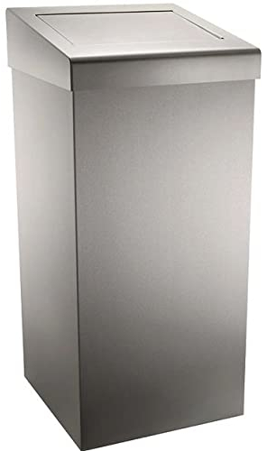 Cubo de basura de acero inoxidable de 50 litros con tapa de solapa, de pie o montado en la pared. Ideal para uso comercial, con correa de bolsa para forro
