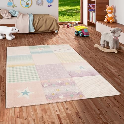 Pergamon Kinderzimmer Teppich Kurzflor Maui Kids Pastell Rosa Türkis Karo Stars in 5 Größen