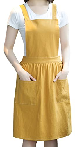Delantal de cocina para el hogar, delantal de lino y algodón, vendaje cruzado, ropa de trabajo para jardín, catering para hornear, restaurante comercial, pintura, tallado de ropa (Amarillo)