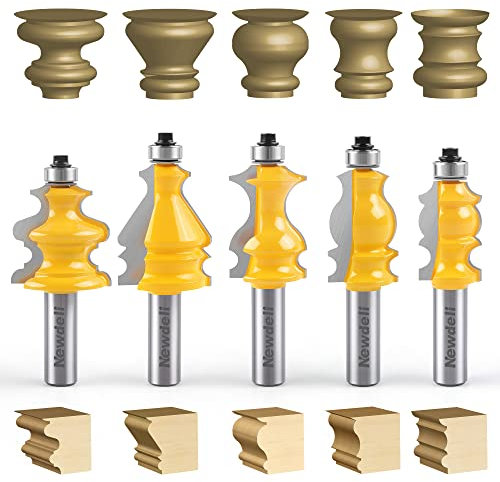 Newdeli Architectural Molding Router Bit Set 5 PCS 1/2-Inch Shank, Corner Rounding Edge-Forming Roundover Beading Router Bit Set, Woodworking Milling Cutter Tools, Carbide Cutter CNC Router