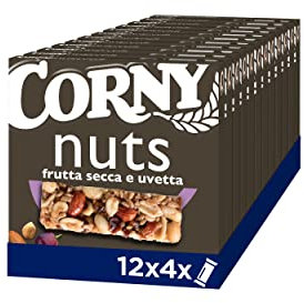 Corny Nuts | 48 Barrette ai Cereali, Frutta Secca e Uvetta, 12 Confezioni da 4 Barrette x 24gr, Senza Olio di Palma, Senza Conservanti, Senza Coloranti