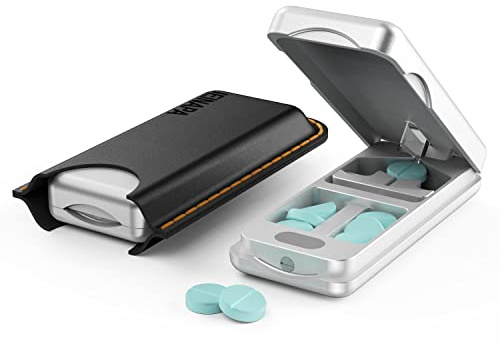 JEINAPA Aluminum Pill Splitter Cutter with Auto Centering Device, 316L Stainless Blade, Genuine Leather Case, Professional Pill Splitter for Cutting Small or Large Pills (Silver)