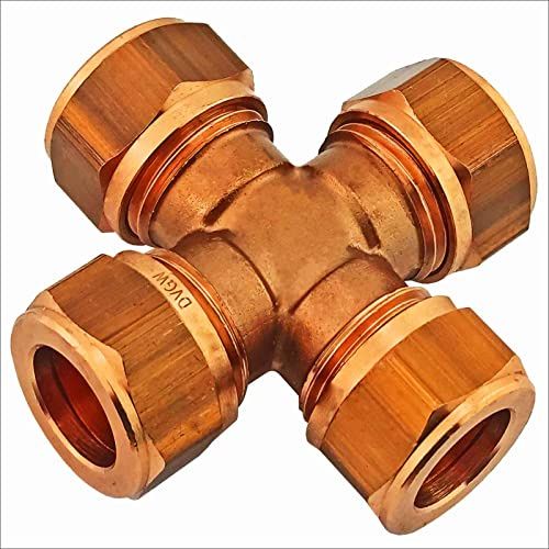 MegaHaustechnik Schraubfitting Kupferrohr, Kreuzstück, 22mm | Messing Klemmringverschraubung, Trinkwasser geeignet, für Rohr-Außendurchmesser 22mm, 4-fach Verbinder, 3-Wege Kupplung