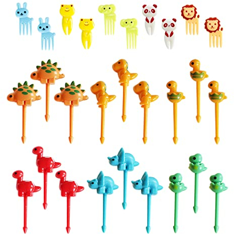 Paquete de 28 tenedores de frutas de animales, mini palillos de dientes reutilizables, tenedores de comida Bento de dibujos animados, para frutas, pasteles, decoración de almuerzo (color aleatorio)