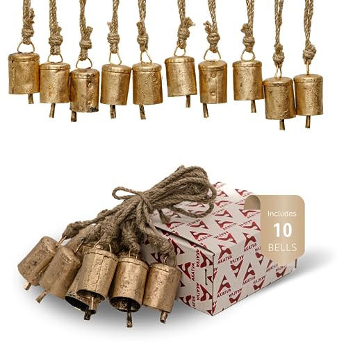 AKATVA Gold Weihnachtsschmuck Set - Vintage Weihnachtsdekoration für Baum - Gold Weihnachtsglocken - Christbaumschmuck für die Weihnachtszeit - Rustikale Glocken Hängende Ornamente - Set von 10 Stück