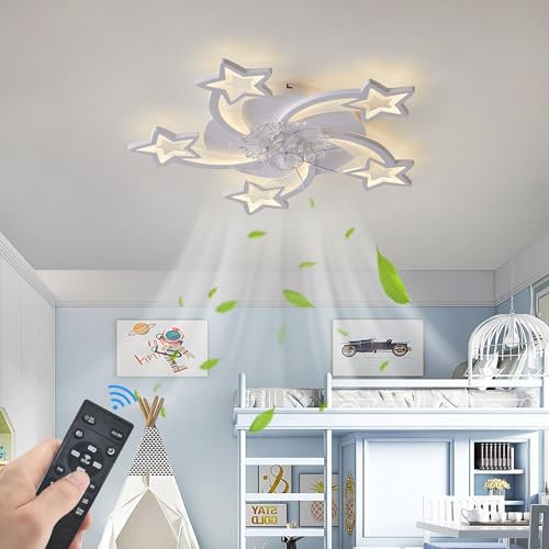 Bambini Ventilatore da Soffitto con Luce e Telecomando Silenzioso 6 velocità Plafoniera con Ventilatore da Soffitto Dimmerabile Reversibile Lampadario Ventilatore App Timer per Cameretta-White