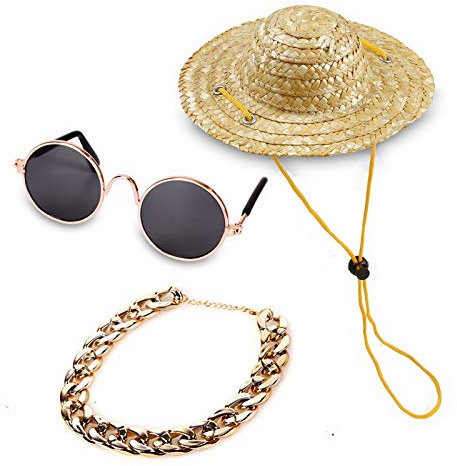 Lot de 3 lunettes de soleil cool pour animal domestique avec chaîne dorée,Décoration de costume,Chapeau de paille réglable et collier en chaîne dorée,Pour chats et petits chiens,Ornement vintage