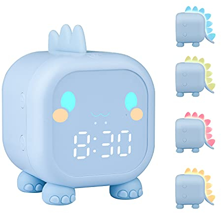 Edillas Réveil Enfants Filles Garçons Digital, Réveil Dinosaure Lumière Colorée/Compte à Rebours/Répétition/Alarme 2 Groupes/6 Sonneries/Volume Réglable/Horloge de Bureau Rechargeable Enfants