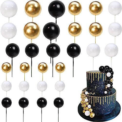 SYKYCTCY 24 Pack Balls Cake Toppers Ball Picks Shaped Cupcake Foam Topper Insert Mini Balloons Decorations for Wedding Baby Shower Birthday Party Supplies, Style-01-black White Gold