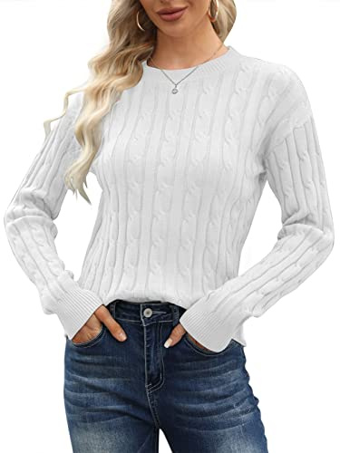 Runcati Pullover Damen Strickpullover Winter Rundhals Classic Fit Einfarbig Langarm Warm Casual Lose Sweater Weiß M