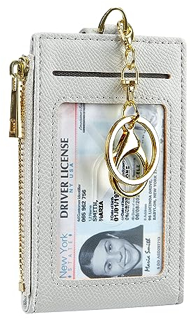 Cynure Damen & Herren Leder RFID Blocking Kartenhalter Slim Small Zipper Keychain Fronttasche Geldbörse mit 2 ID Fenster, GRAU, Einheitsgröße