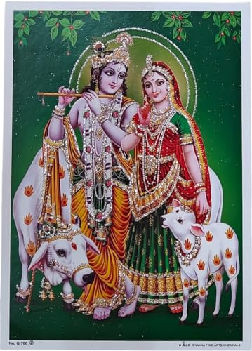 Rastogi Handicraft India Best Of Nachdruck Hindu-Gott Poster/Bild mit ungerahmt (weißes Papier, Radha-Krishna-With-Kuh-17,8 x 12,7 cm)
