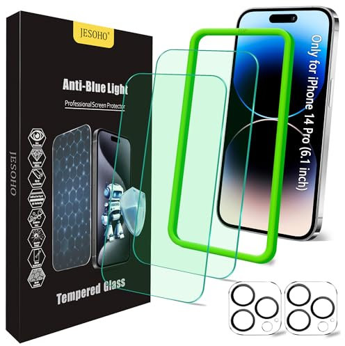 JESOHO Blue Light Screen Protector for iPhone 14 Pro (6.1)*2 Pack + 2 Pack Camera Lens Protector,Eye Protection,HD Blue Light Blocking Tempered Glass Film, No Bubble, with Easy Installation Kit