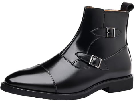 Jamron Uomo Elegante Stivaletti a Punta Stivali con Fibbia Cerniera Pelle Sintetica Stivali da Sera Nero SN0711146 EU45.5