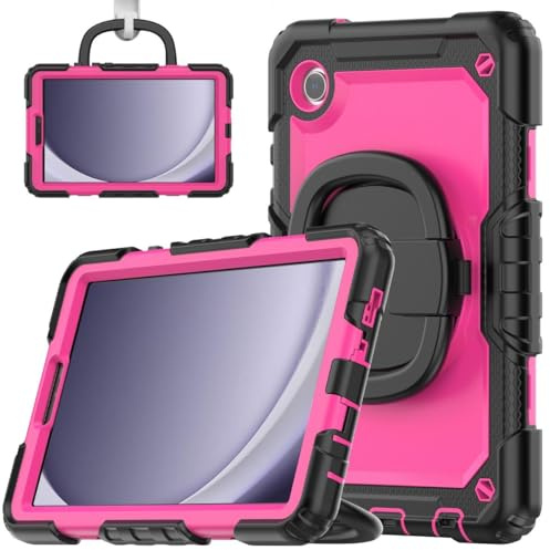 Wigento Für Samsung Galaxy Tab A9 aufstellbare Outdoor Hybrid 360 Grad Tasche mit Schultergurt Pink/Schwarz