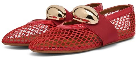CAGLGLZ Mesh Ballet Flats for Women Gold Strap Fishnet Flats Round Toe Mary Jane Flats Casual Comfy Daily Dress Slip On Low Heel Ballerina Shoes, Red, 8 UK