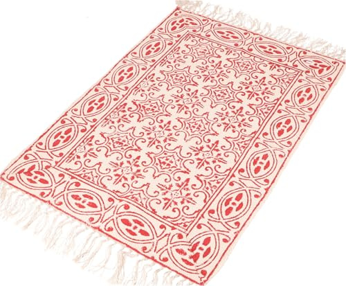 GURU SHOP Handgewebter Blockdruck Teppich 160x95 cm, Traditionelles Design, Indischer Baumwollteppich, Bad Läufer - Weiß/rot