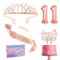 Rose Gold 11th Birthday Decorations: Girl's Sash, Tiara, Cake Topper, Foil Balloons & Candles