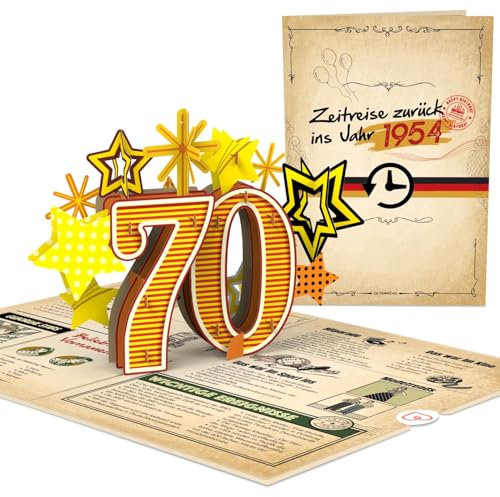 papercrush® Pop-Up Karte „Zurück ins Jahr 1954“ - Lustige 3D Geburtstagskarte zum 70. Geburtstag für Frau & Mann - Besondere Glückwunschkarte 70 Jahre mit lustigen Fakten zum Jahrgang
