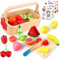 TNOMSNO Holzspielzeug Spielküche Zubehör, Montessori Spielzeug ab 1 2 3 4 Jahr, Holz Obst Küche Spielzeug Lernspielzeug Rollenspiele Geschenk, Schneiden Obst Kinderküche Zubehör