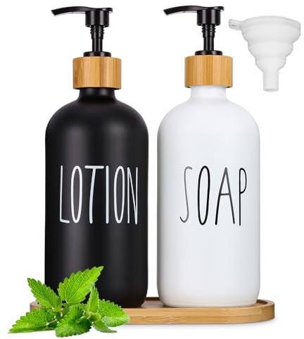 Seifenspender Küche Set,2 Stücke Shampoo Spender Soap Dispenser,Glas Seifenspender 500ml,Seifenspender für Bad,mit Trichter Tablett,Spender Soap Dispenser für Küche und Dusche,mit pumpe,Weiß,Schwarz