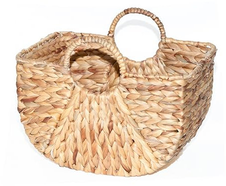 Wickerfield Water Hyacinth Woven Storage Blanket Basket for Shelves Wicker Gift Hamper with Round Handles Kitchen Bathroom Organizer (Medium)