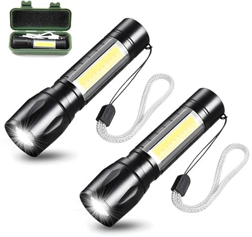 Raykce 2 Pcs Rechargeable Small LED Torch, Adjustable Focus with 3 Lighting Modes - 350 Lumens 3. 7V-4.2V Voltage Waterproof Flashlight Torch, for Camping Hiking Outdoor Emergency