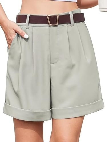 YGJIEGENG Women's Summer Dressy Casual Elastic Waist Wide Leg Suit Tailored Shorts Comfy Elegant Work Trouser Shorts Grey