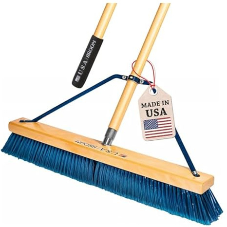24 Heavy Duty Outdoor Push Broom with 60 Handle. Ideal for Ashpalt, Concrete & Heavy Debris. Durable American Made Steel Brackets-Stainless Steel Hardware. No Plastic. 100% Made in The USA.