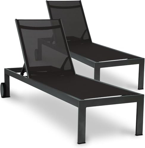 acamp Sonnenliege wetterfest Rimini 2er-Set | Verstellbare Rückenlehne | Aluminium-Gestell mit 2 Rollen | Bezug aus atmungsaktivem Gewebe | Gartenliege mit hohem Liegekomfort | Anthrazit