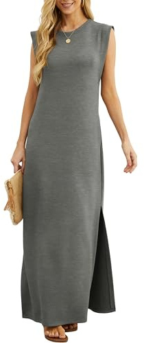 GRECERELLE Robe maxi d'été pour femmes, robes chemises décontractées, styles élégants, robes maxi basiques sans manches pour femmes UK avec fente et poches, gris, XXL