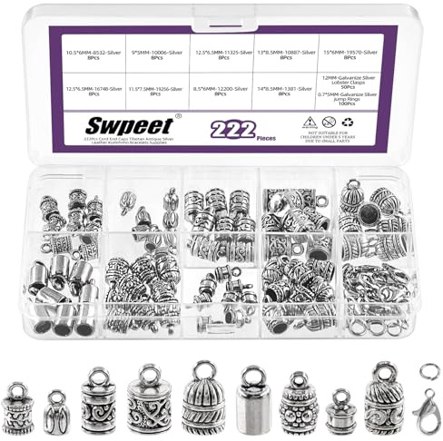 Swpeet 222Pcs 9 Styles Tibetan Antique Cord End Caps with Lobster Clasps and Jump Rings Kit, Alloy Crimp Tube Barrel End Tip, Glue in Leather Cord End Tassel Caps for Bracelet Jewelry Making