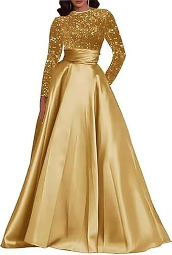 Hongyangjing Robes de bal à manches longues 2025 paillettes scintillantes longues robes de soirée en satin A-line, vieux rose, 40