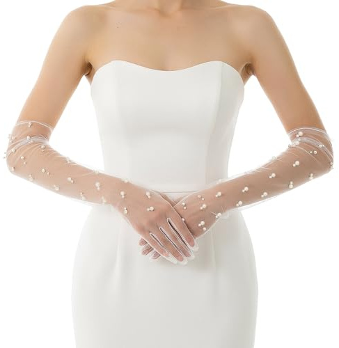 Zelphvt Pearl Long Wedding Gloves Women’s Tulle Bridal Gloves Sheer White Finger Long Bridal Sleeves, Opera Prom Evening Party Costumes for Women