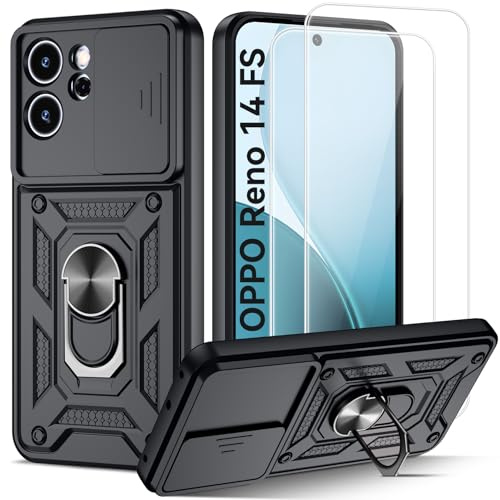 Guisessy Funda para OPPO Reno 14 F 5G / Reno 14 FS 5G, Negro | 2 Protector Pantallar, Armor Carcasa Cubierta de Cámara Deslizante Proteger con 360 Anillo Soporte PC y Silicona TPU Case