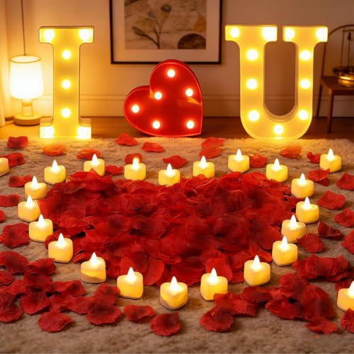 Lot de 3 lettres lumineuses LED avec 2000 pétales de rose rouge artificiels et 24 bougies LED coeur, pour la Saint-Valentin, nuit romantique, anniversaire de mariage, décoration de table
