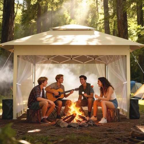 WoRaum Tonnelle Pliante Jardin 3.6x3.6m, Barnum Extérieur Imperméable avec Moustiquaire Intégrale, Stable et Toute Saison - Inclut Sac de Transport à roulettes et Kit d'ancrage Complet(Kaki)