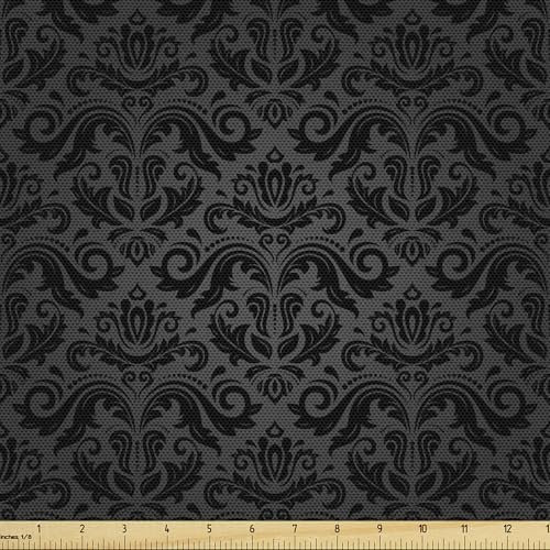 ABAKUHAUS Dunkelgrau Stoff als Meterware, Schwarzer Damast mit Blumen, Qualität aus Gewebten Stoff Wohnaccessoires, 5M (148x500cm), Schwarz Grau
