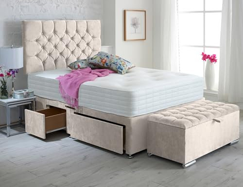 ComfoRest - Stylish 4FT6 Double Bed with Mattress | Ottoman Storage Box and Practical Design | Elegant Frame with 2 Drawers for Modern Bedrooms (Cream Naples)