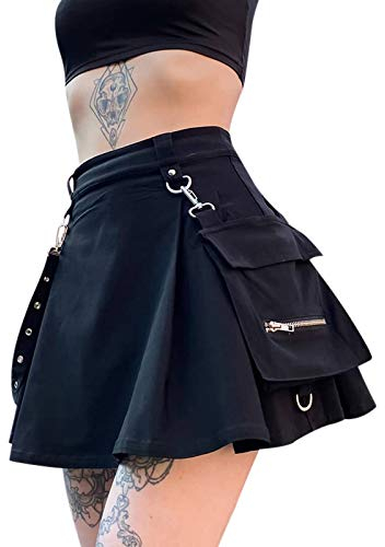 Damen Harajuku Gothic Mini Röcke Hohe Taille Röcke Punk Dark Academia Ästhetisch Kurz A-Linie Flare Rock Y2K Streetwear Gr. 40, Schwarz