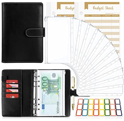 Raccoglitore Notebook A6, TAOPE Portadocumenti in Pelle PU con 12 Trasparente Sacchetti Cerniera Compilabile 26pcs per Budget di Contanti Organizzatore di Buste Risparmio di Denaro - Nero Puro