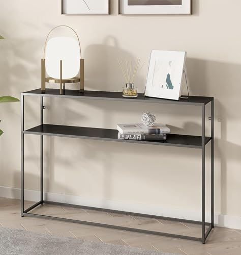 Hallowood Furniture Bewdley Grande table console noire avec étagère, table de canapé étroite en métal, idéale pour salon, salon, couloir ou tables de chevet avec design ultra moderne