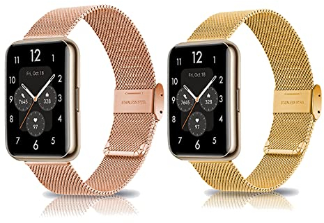 2 Stück Metall Armband Kompatibel mit Huawei Watch Fit 2 Armband Edelstahl Mesh Ersatzband Für Herren Damen Für Huawei Watch Fit 2 (Gold+Roségold)