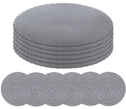 HEYOMART Round Placemats and Coasters Set of 6, Braided Woven Placemats Washable Heat Resistant Table Mats for Kitchen Dining Table Home Restaurant, Dark Grey