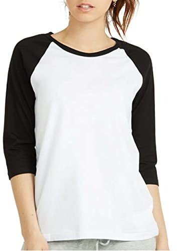 Damen-Baseball-T-Shirt mit 3/4-Ärmeln, Raglan-Shirt, Trikot, Viertelärmel, T-Shirt, weiß / schwarz, Mittel