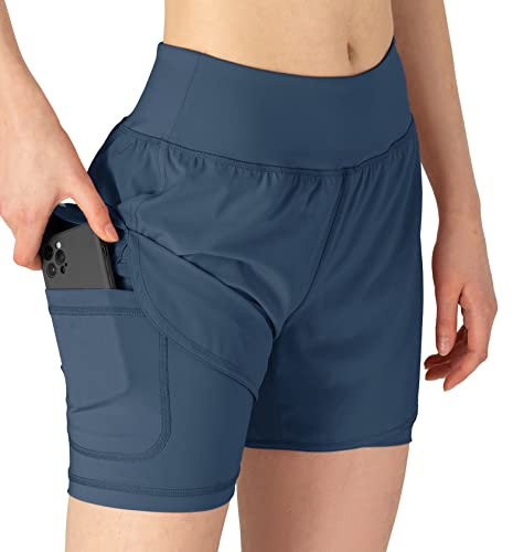 YSENTO Damen Sport Shorts Sommer 2 in 1 Kurze Sport Training Jogging Fitness Lauf Yoga Hose Schnelltrocknende mit Tasche(grau blau,M)