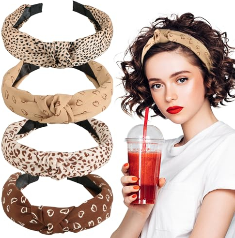 BETESSIN 4Stk. Haarreifen Breit Stirnband Damen Leoparden Haarband mit Knoten Haarreif Herzchen Kopfband Leopardenmuster Haarschmuck Kopfbedeckung für Mädchen Frauen