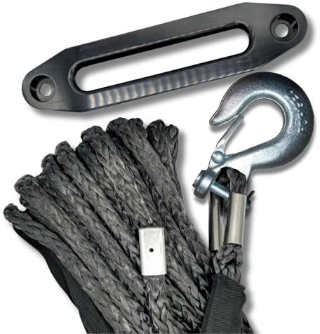 AC Tools | Kit Cuerda Cable Plasma Winch 12x25 12mm 25metros 6500kg 6,5T con guia y Gancho Forjado de competición, dyneema Compatible Warn