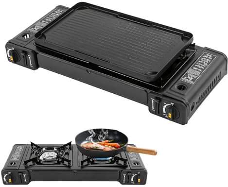 Hornillo de Camping Portátil de 2 Fuegos, Cocina de Gas Con Placa de Barbacoa, Para Botella de Gas, Barbacoa de Mesa Para Exteriores Con Plancha Para Picnic