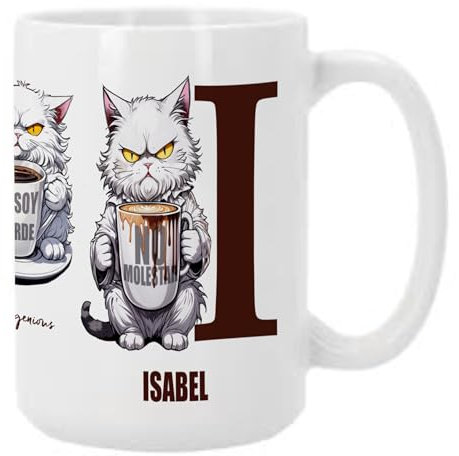 Bee Ingenious Taza Personalizada con Gato Borde - Nombre e Inicial A-Z | Taza XL 15oz-443ml de Cerámica Divertida para Desayuno | Regalo Gracioso con Mensaje Sarcástico (Letra-I)